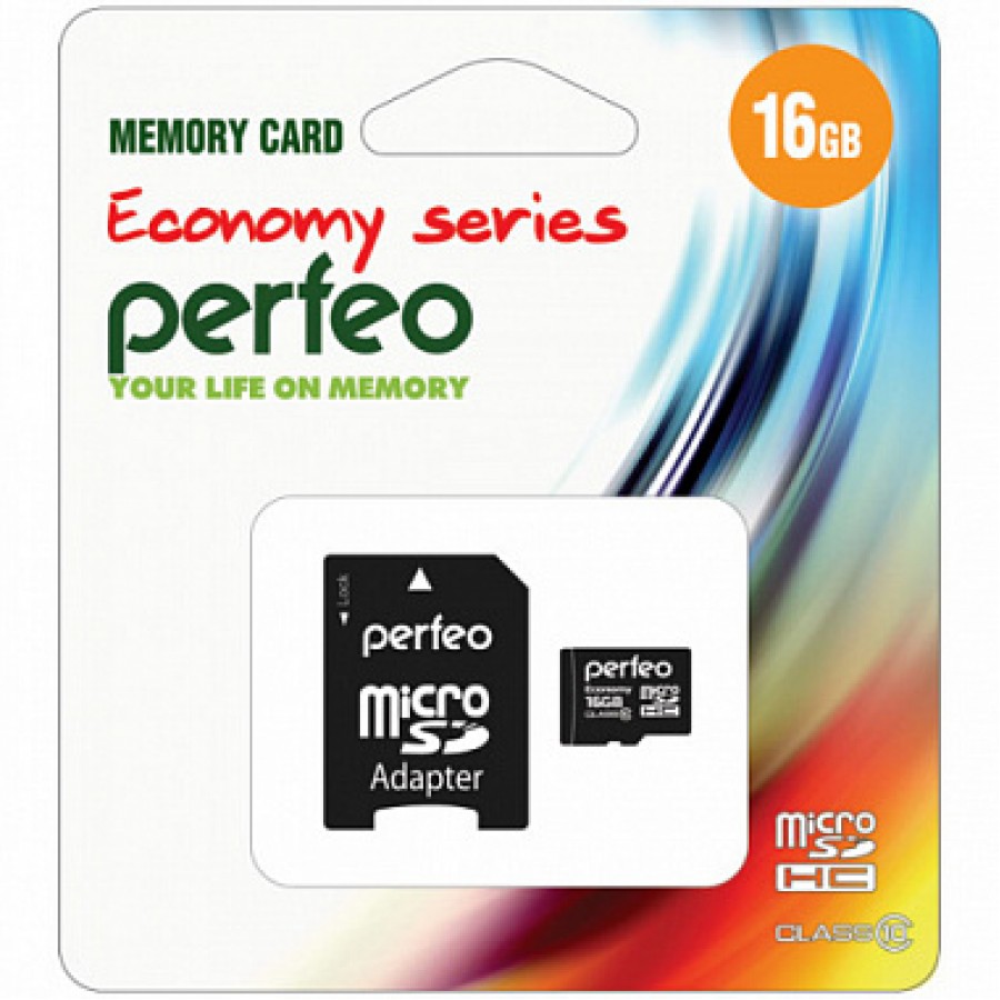 Карта памяти MicroSD 16GB Perfeo Class 10 + адаптер economy series