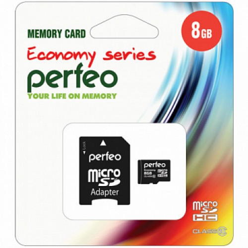 Карта памяти MicroSD 8GB Perfeo Class 10 + адаптер economy series