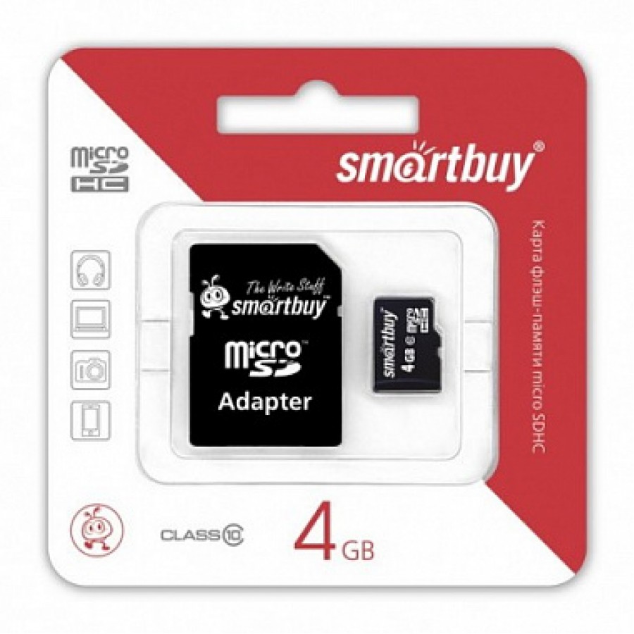 Карта памяти MicroSD 4GB Smart Buy Class 10 + адаптер