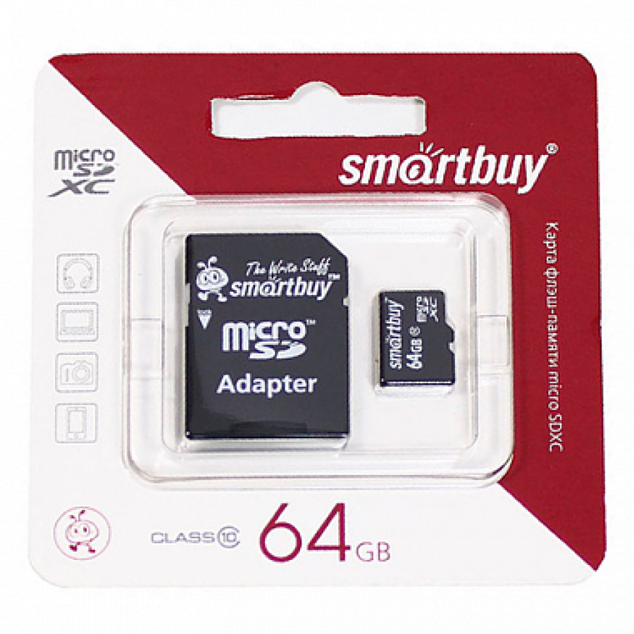 Карта памяти MicroSD 64GB Smart Buy Class 10 + SD адаптер