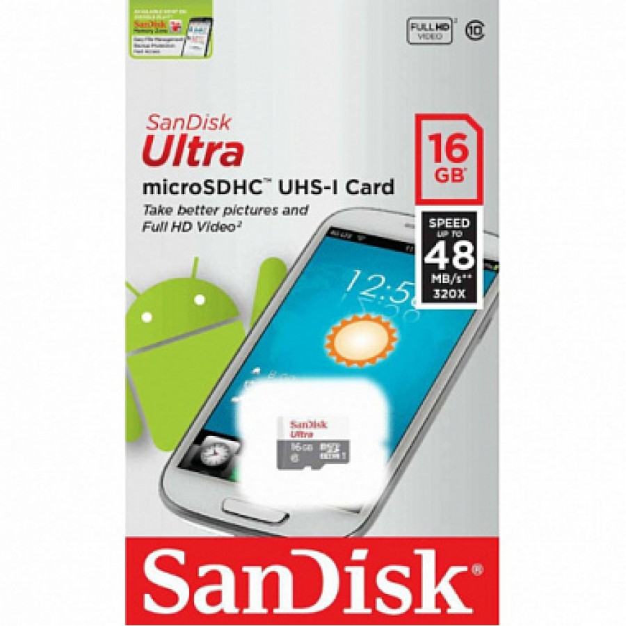 Карта памяти MicroSD 16GB SanDisk class 10 Ultra Android UHS-I (80 Mb/s) без адаптера