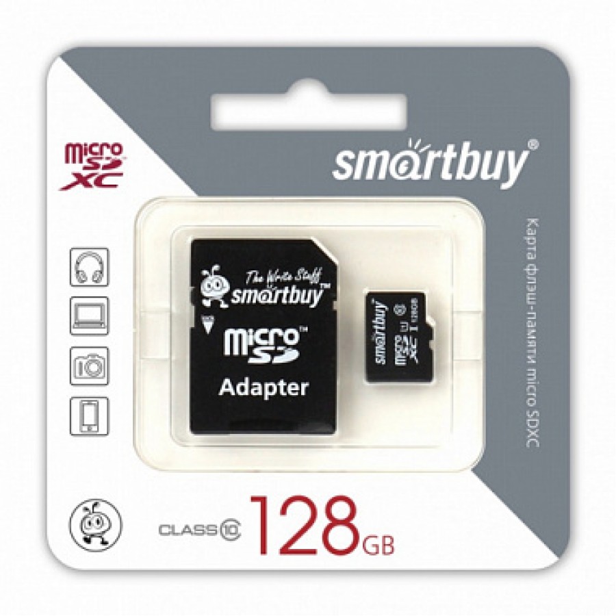 Карта памяти MicroSD 128GB Smart Buy Class10 + адаптер