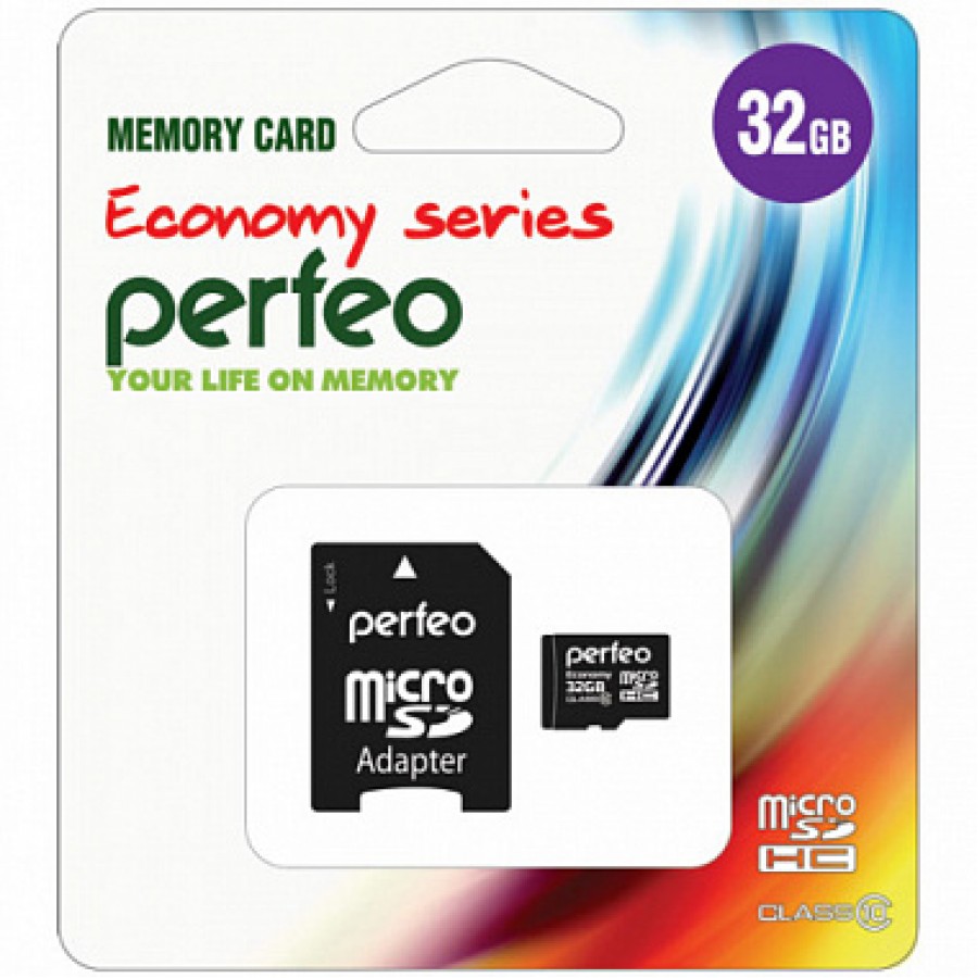 Карта памяти MicroSD 32GB Perfeo class 10 + адаптер economy series