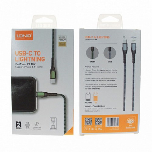 USB кабель LDNIO LC112 30W/ медь: 176 жил/ Нейлоновая оплетка/ PD Type-C to Lightning 2m