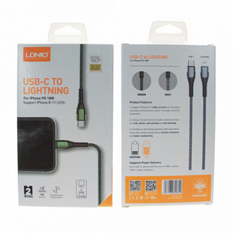 USB кабель LDNIO LC112 30W/ медь: 176 жил/ Нейлоновая оплетка/ PD Type-C to Lightning 2m